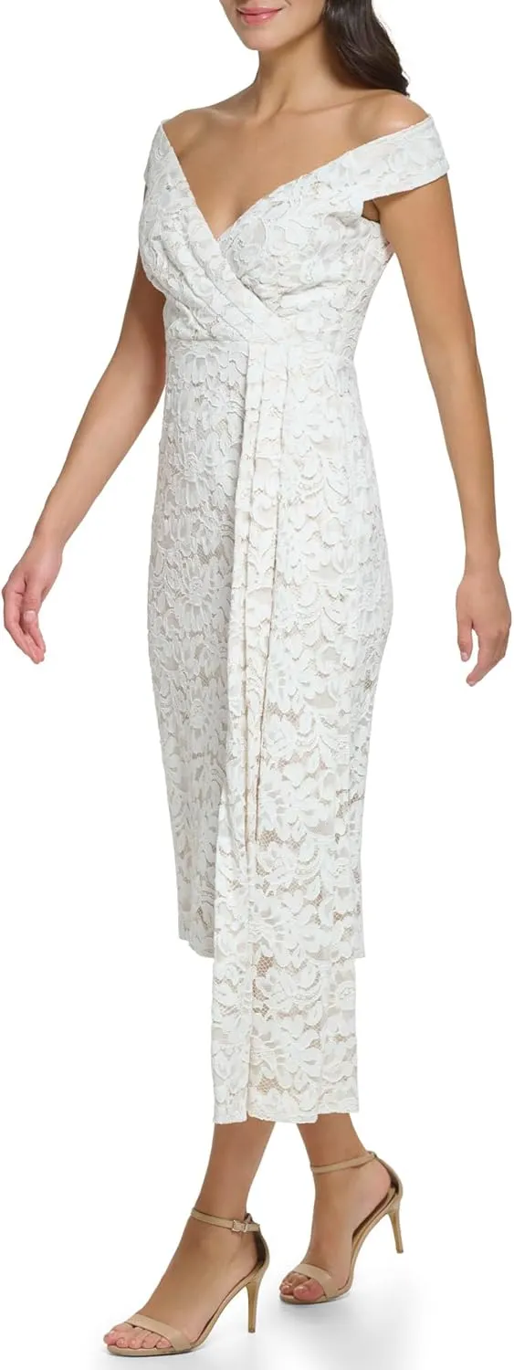 Eliza J Women's Off The Shoulder Draped Lace Wedding Cocktail Midi Dress
