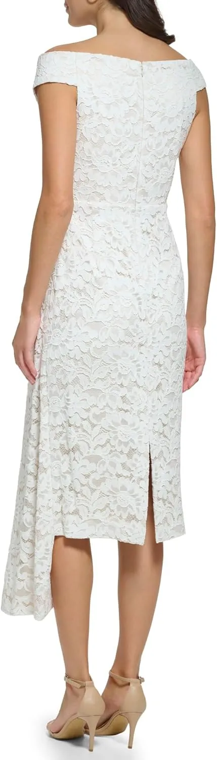 Eliza J Women's Off The Shoulder Draped Lace Wedding Cocktail Midi Dress