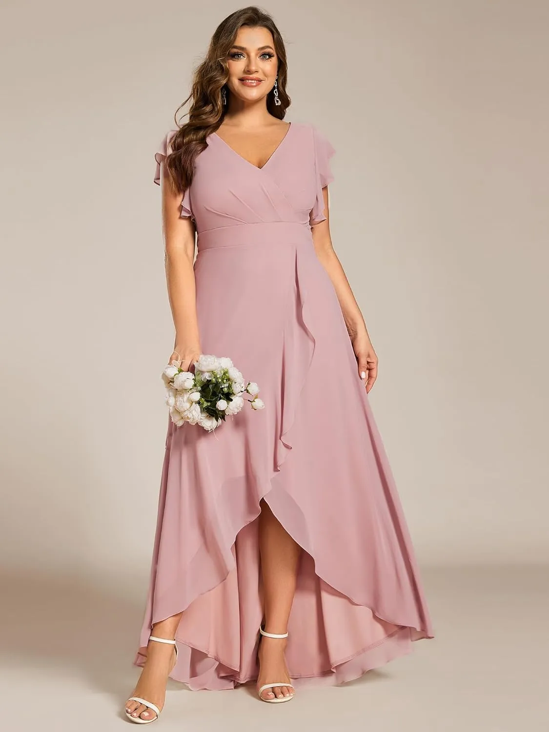Ever-Pretty Plus Women's V Neck Short Sleeves Bridesmaid Dress Pleated Chiffon Plus Size High Low Semi Formal Dress 02221-DA