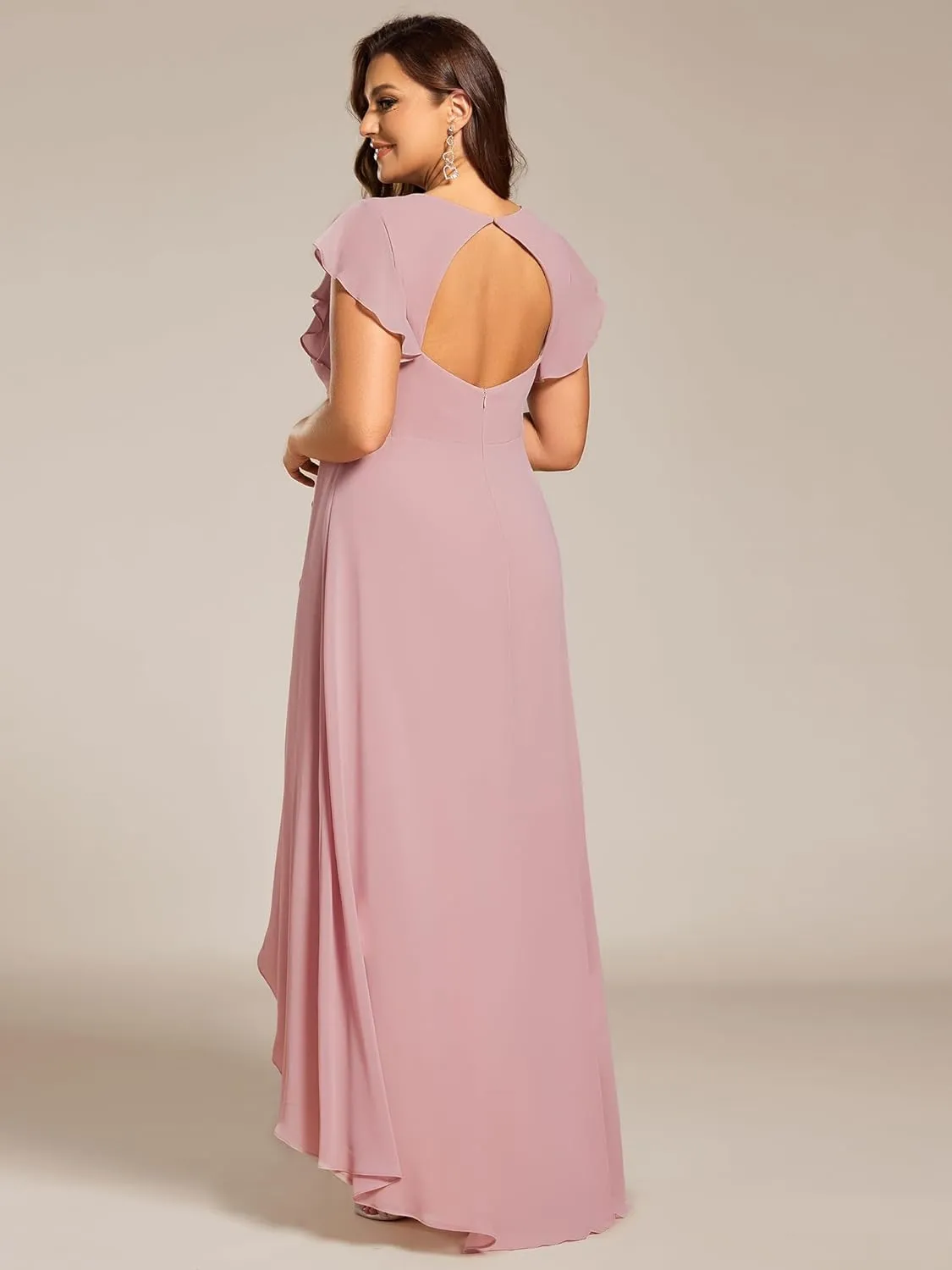 Ever-Pretty Plus Women's V Neck Short Sleeves Bridesmaid Dress Pleated Chiffon Plus Size High Low Semi Formal Dress 02221-DA