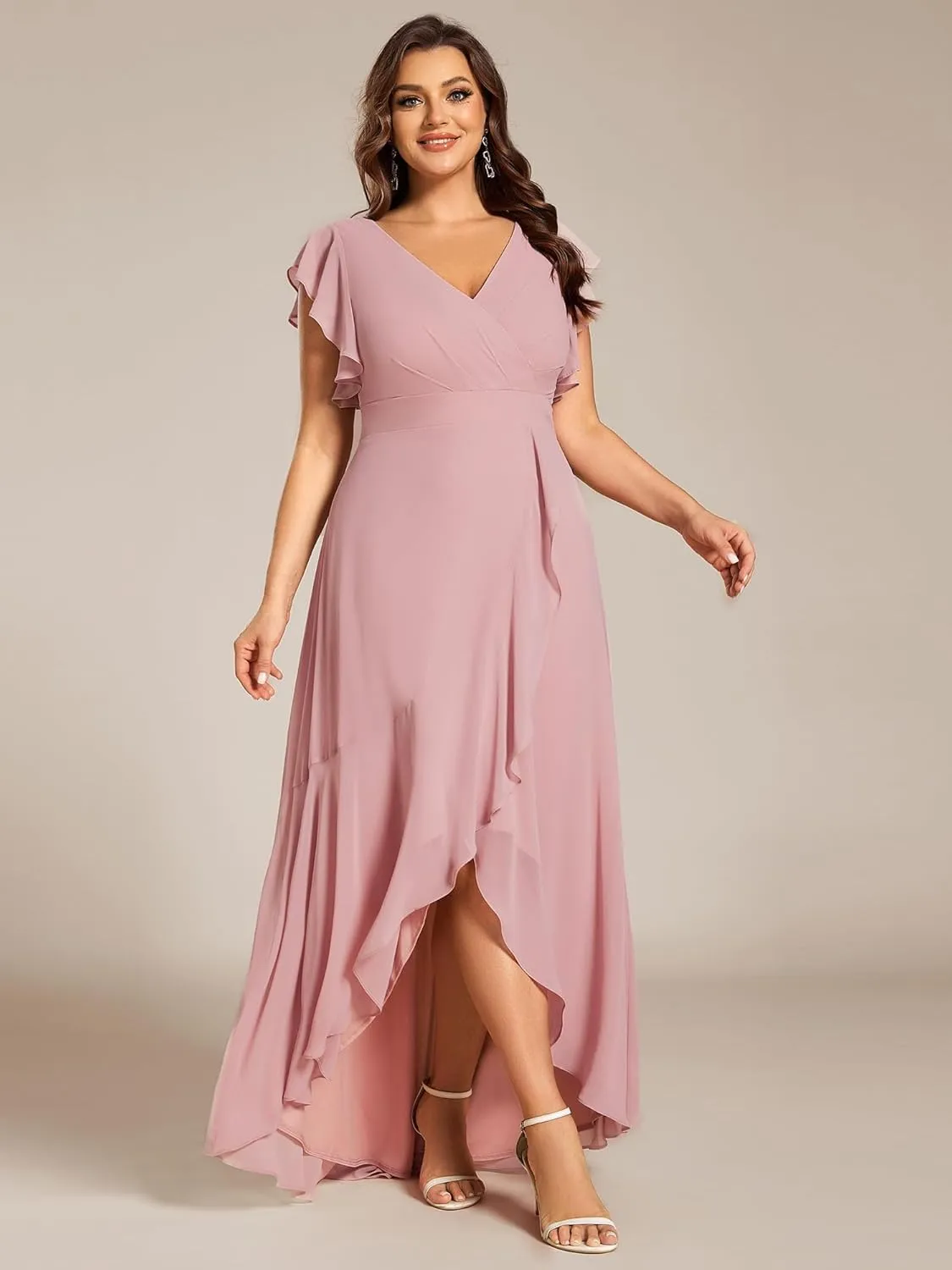 Ever-Pretty Plus Women's V Neck Short Sleeves Bridesmaid Dress Pleated Chiffon Plus Size High Low Semi Formal Dress 02221-DA