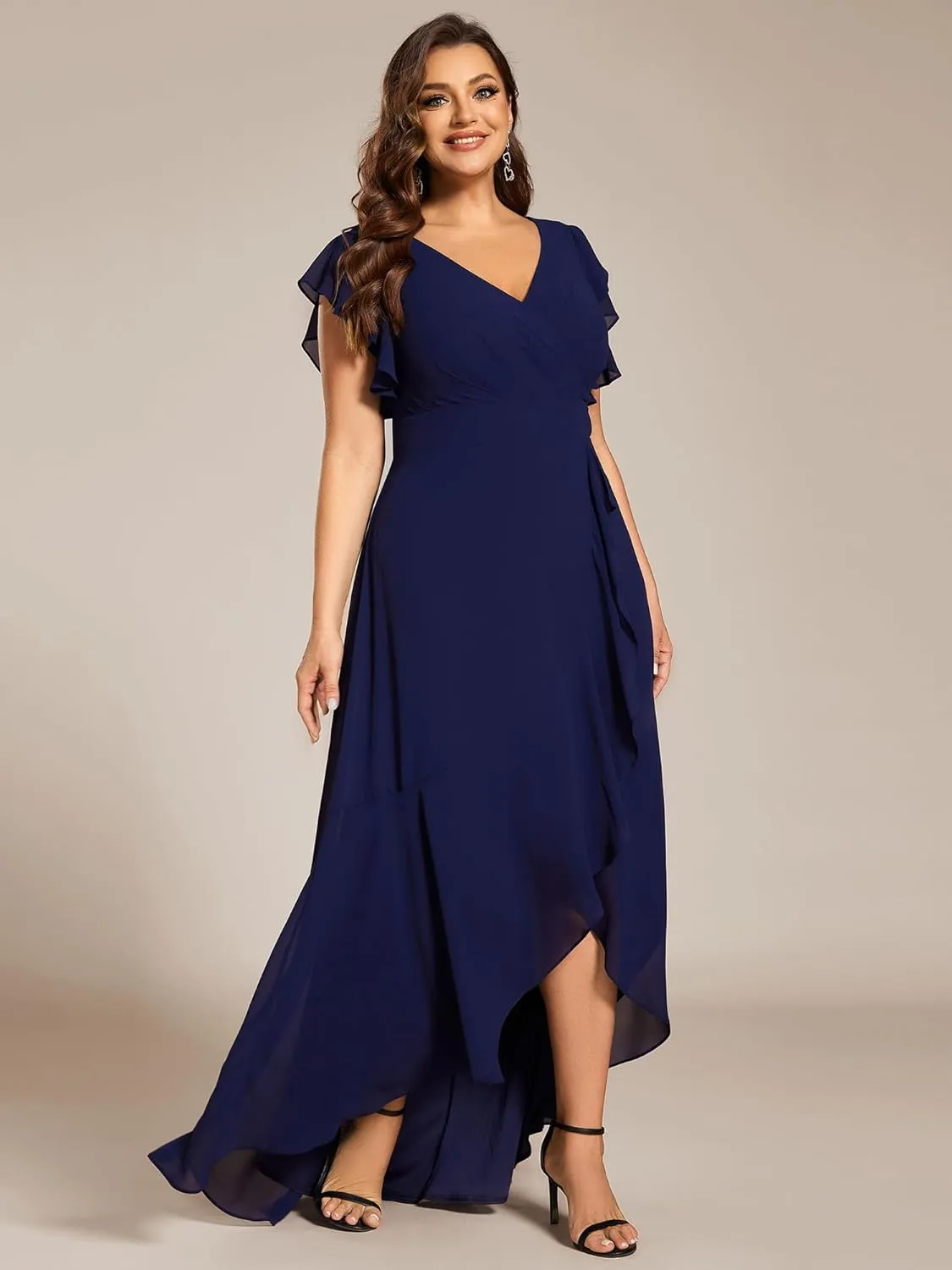 Ever-Pretty Plus Women's V Neck Short Sleeves Bridesmaid Dress Pleated Chiffon Plus Size High Low Semi Formal Dress 02221-DA