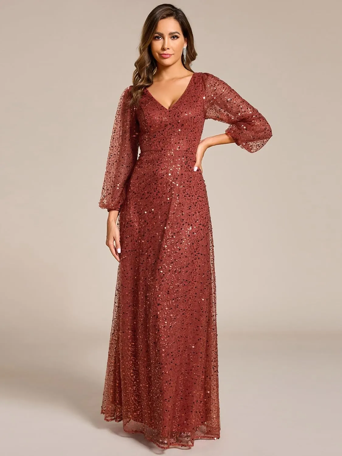 Ever-Pretty Women's Sequin A-Line V Neck Beaded Gown Long Sheer Sleeves Cocktail Evening Gown 01999