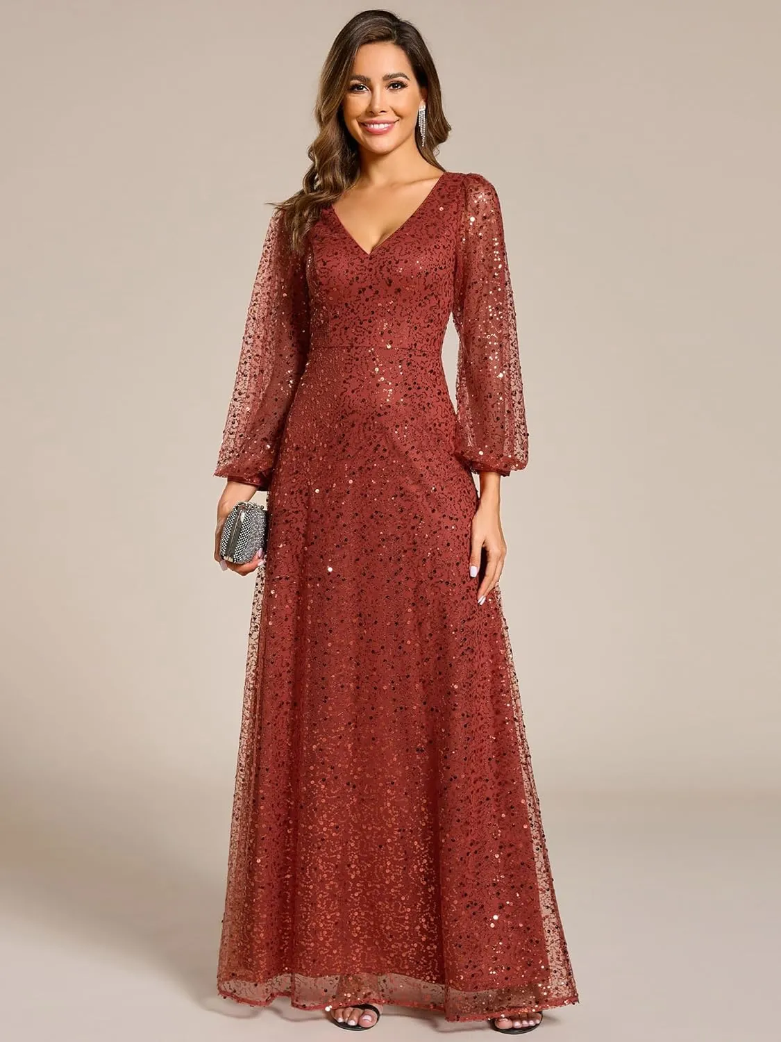 Ever-Pretty Women's Sequin A-Line V Neck Beaded Gown Long Sheer Sleeves Cocktail Evening Gown 01999