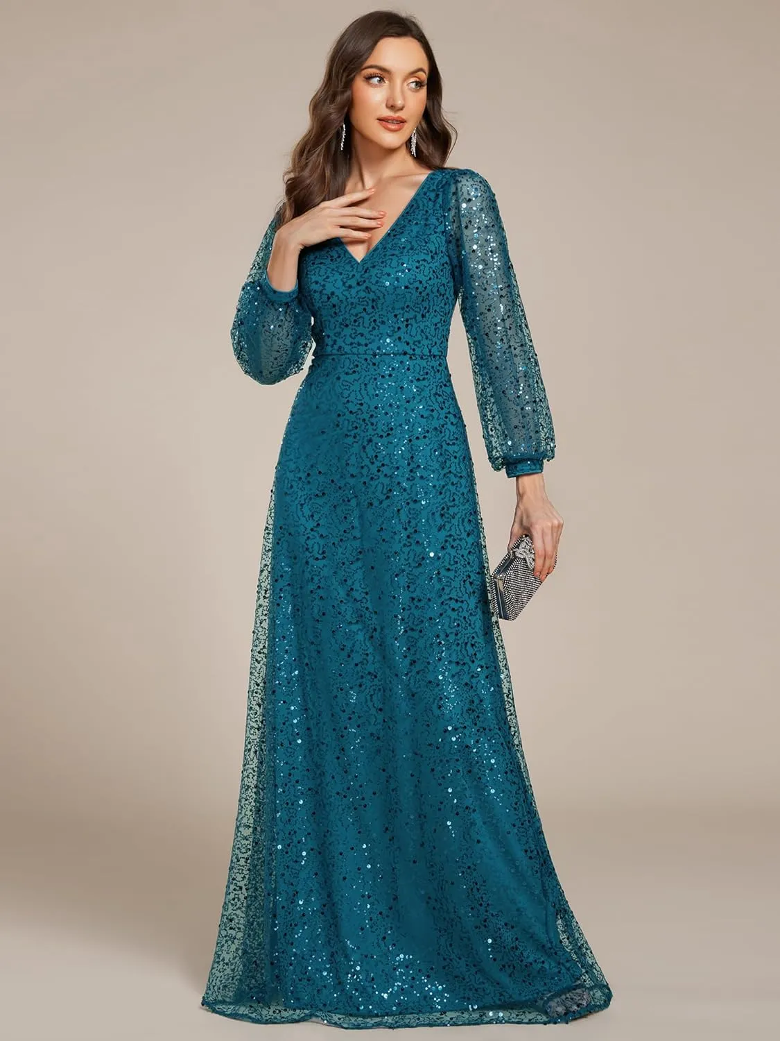 Ever-Pretty Women's Sequin A-Line V Neck Beaded Gown Long Sheer Sleeves Cocktail Evening Gown 01999