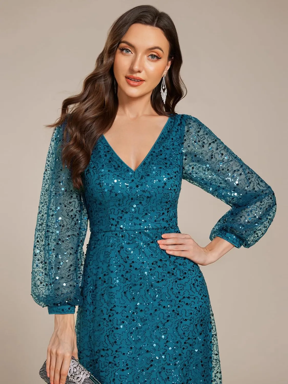 Ever-Pretty Women's Sequin A-Line V Neck Beaded Gown Long Sheer Sleeves Cocktail Evening Gown 01999