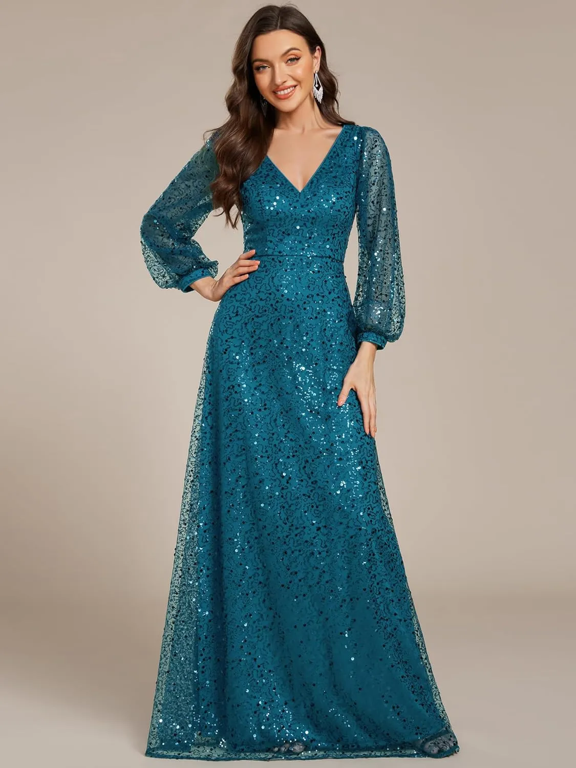 Ever-Pretty Women's Sequin A-Line V Neck Beaded Gown Long Sheer Sleeves Cocktail Evening Gown 01999