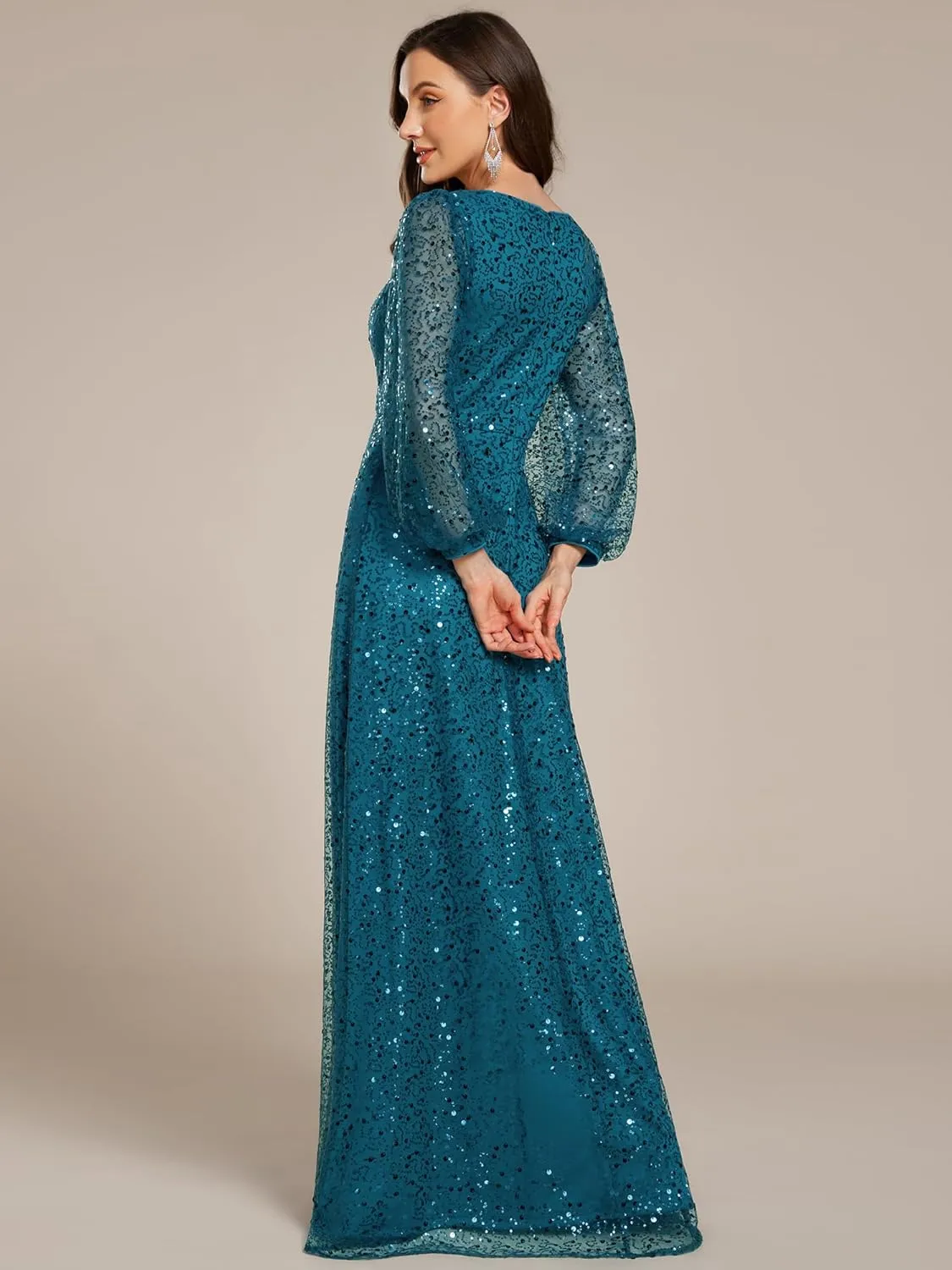 Ever-Pretty Women's Sequin A-Line V Neck Beaded Gown Long Sheer Sleeves Cocktail Evening Gown 01999
