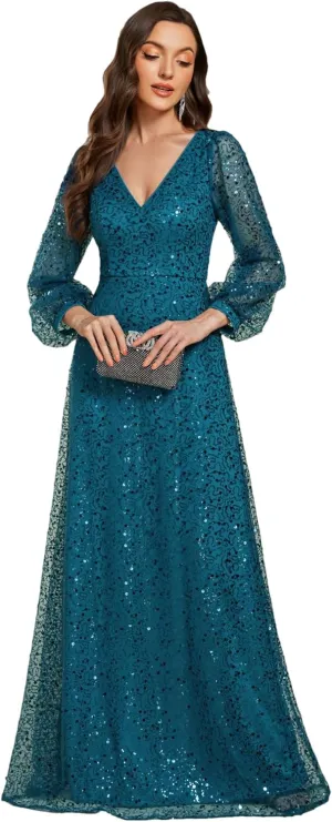 Ever-Pretty Women's Sequin A-Line V Neck Beaded Gown Long Sheer Sleeves Cocktail Evening Gown 01999