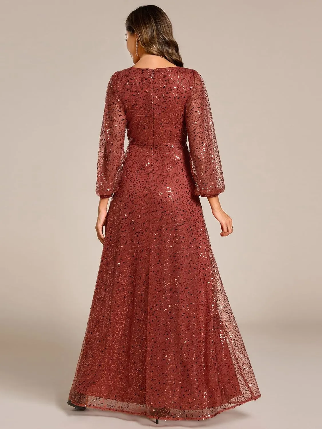Ever-Pretty Women's Sequin A-Line V Neck Beaded Gown Long Sheer Sleeves Cocktail Evening Gown 01999