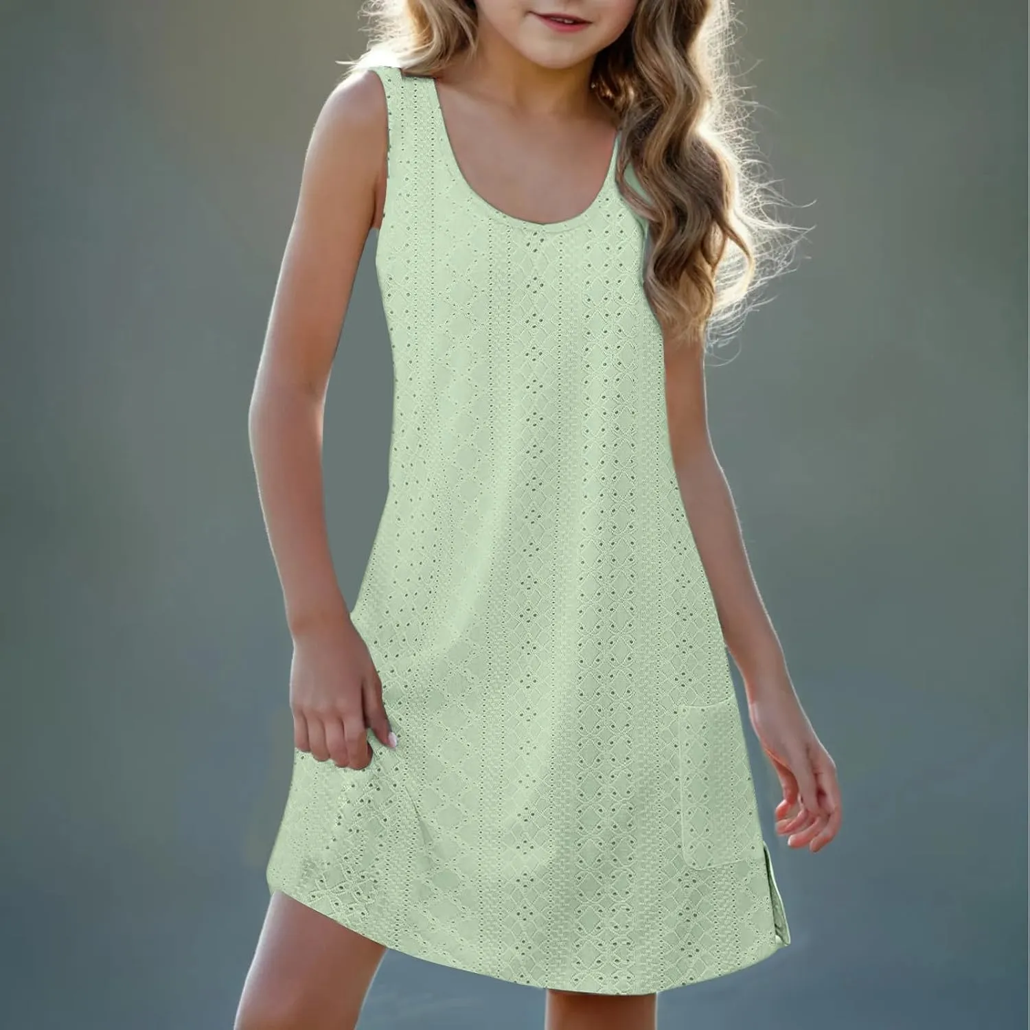 Eyelet Dresses for Girls 2025 Summer Sleeveless Side Split Tank Dress Crewneck Sundress with Pockets Size 4-14 Years