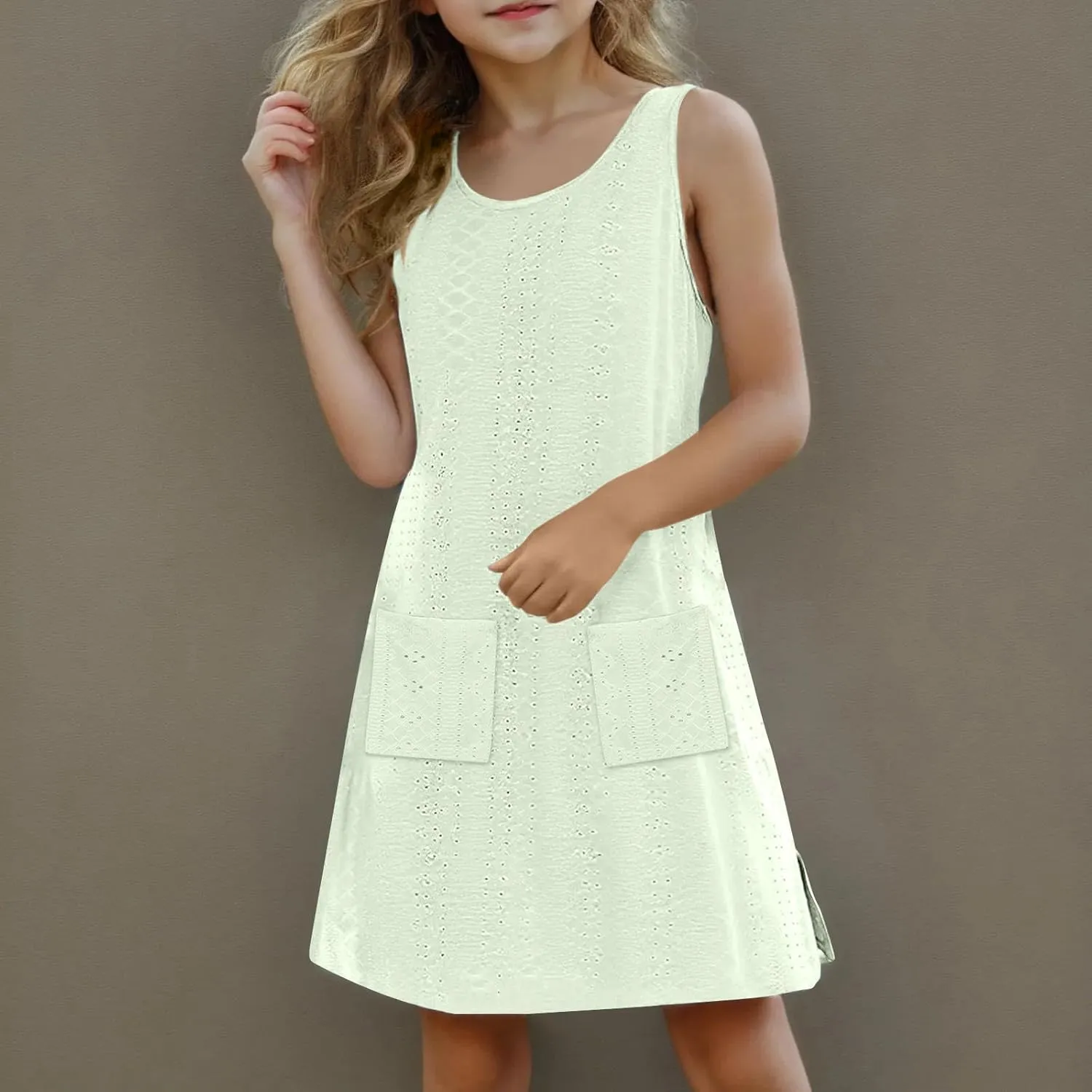 Eyelet Dresses for Girls 2025 Summer Sleeveless Side Split Tank Dress Crewneck Sundress with Pockets Size 4-14 Years