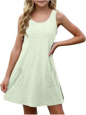 Eyelet Dresses for Girls 2025 Summer Sleeveless Side Split Tank Dress Crewneck Sundress with Pockets Size 4-14 Years