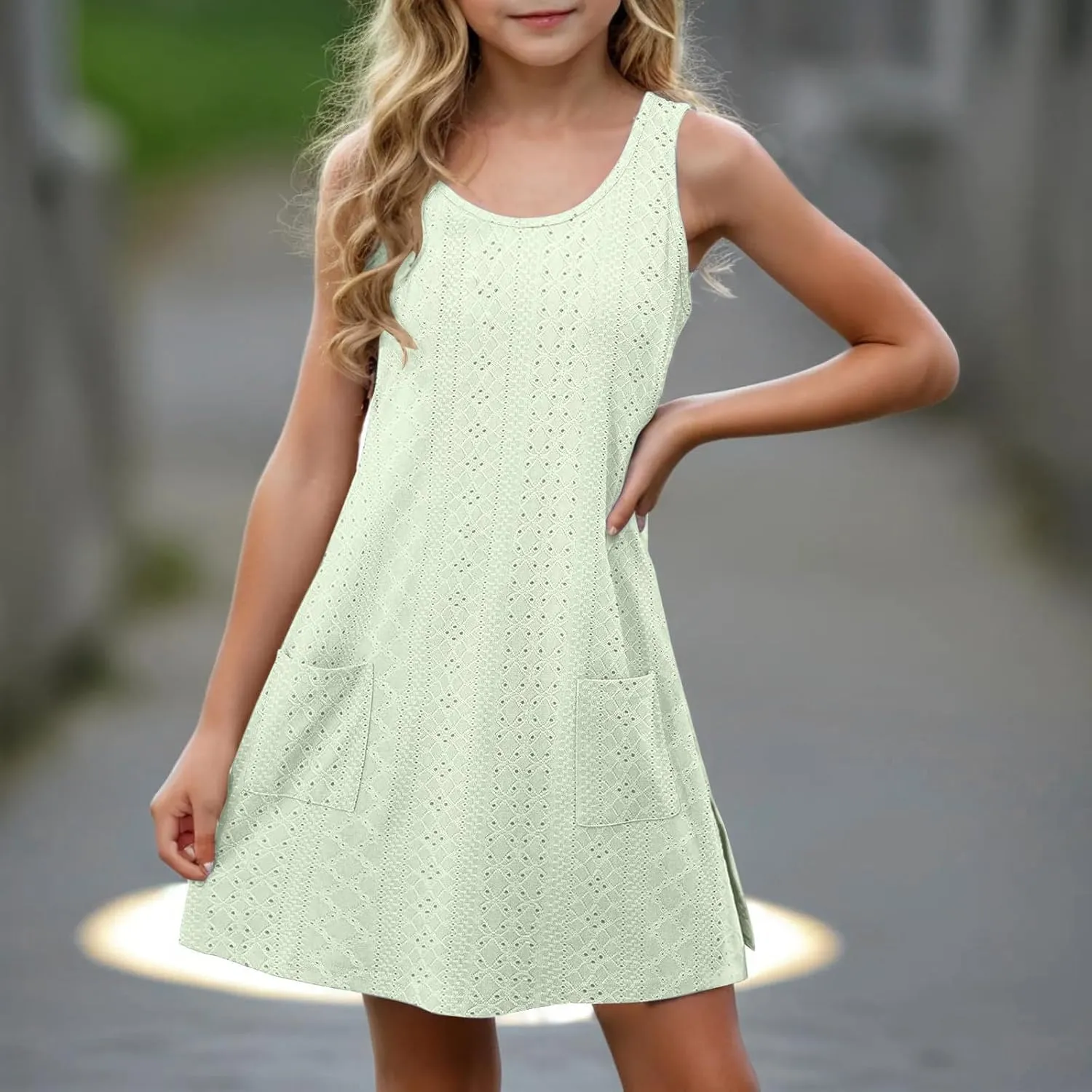 Eyelet Dresses for Girls 2025 Summer Sleeveless Side Split Tank Dress Crewneck Sundress with Pockets Size 4-14 Years