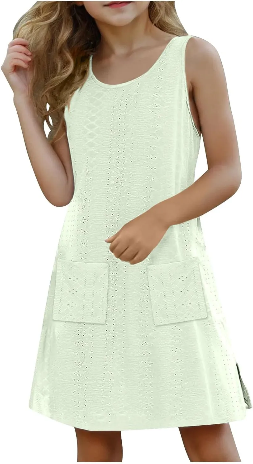 Eyelet Dresses for Girls 2025 Summer Sleeveless Side Split Tank Dress Crewneck Sundress with Pockets Size 4-14 Years