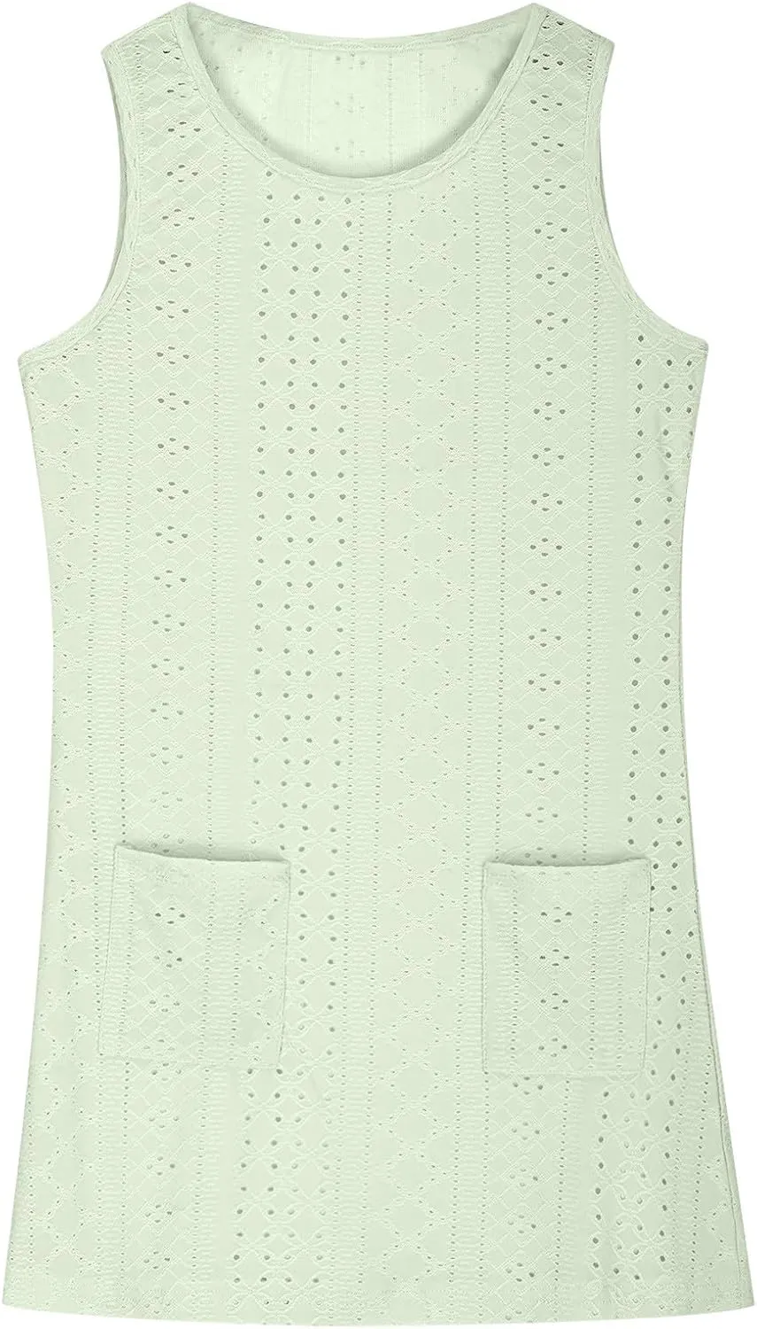 Eyelet Dresses for Girls 2025 Summer Sleeveless Side Split Tank Dress Crewneck Sundress with Pockets Size 4-14 Years