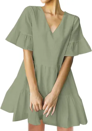 FANCYINN Womens V Neck Cute Shift Dress with Pockets Bell Sleeve Ruffle Hem Loose Swing Summer Tunic Mini Dress
