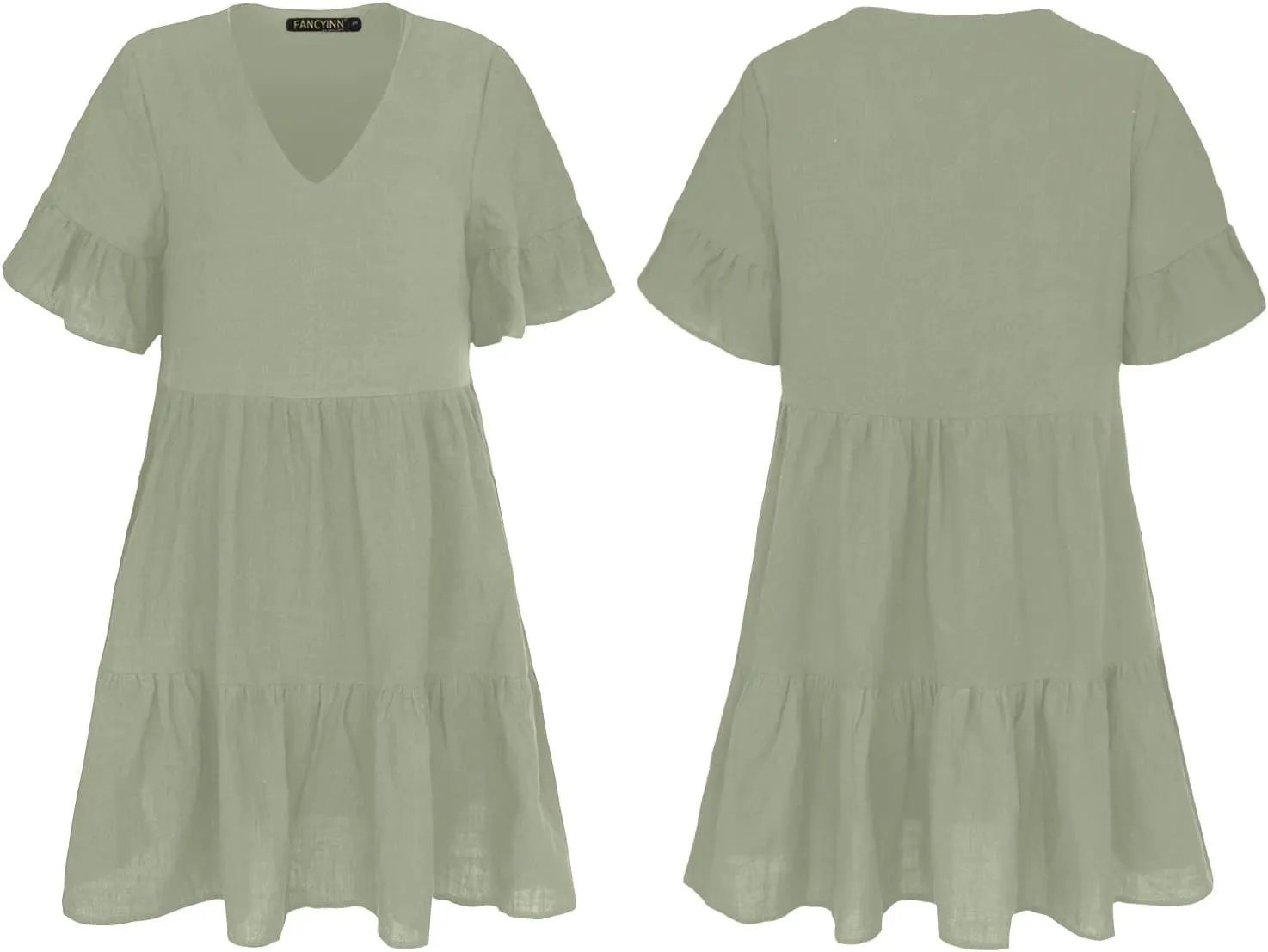 FANCYINN Womens V Neck Cute Shift Dress with Pockets Bell Sleeve Ruffle Hem Loose Swing Summer Tunic Mini Dress