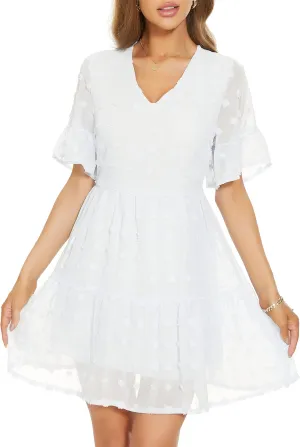 FANCYINN Womens V Neck Cute Shift Dress with Pockets Bell Sleeve Ruffle Hem Loose Swing Summer Tunic Mini Dress