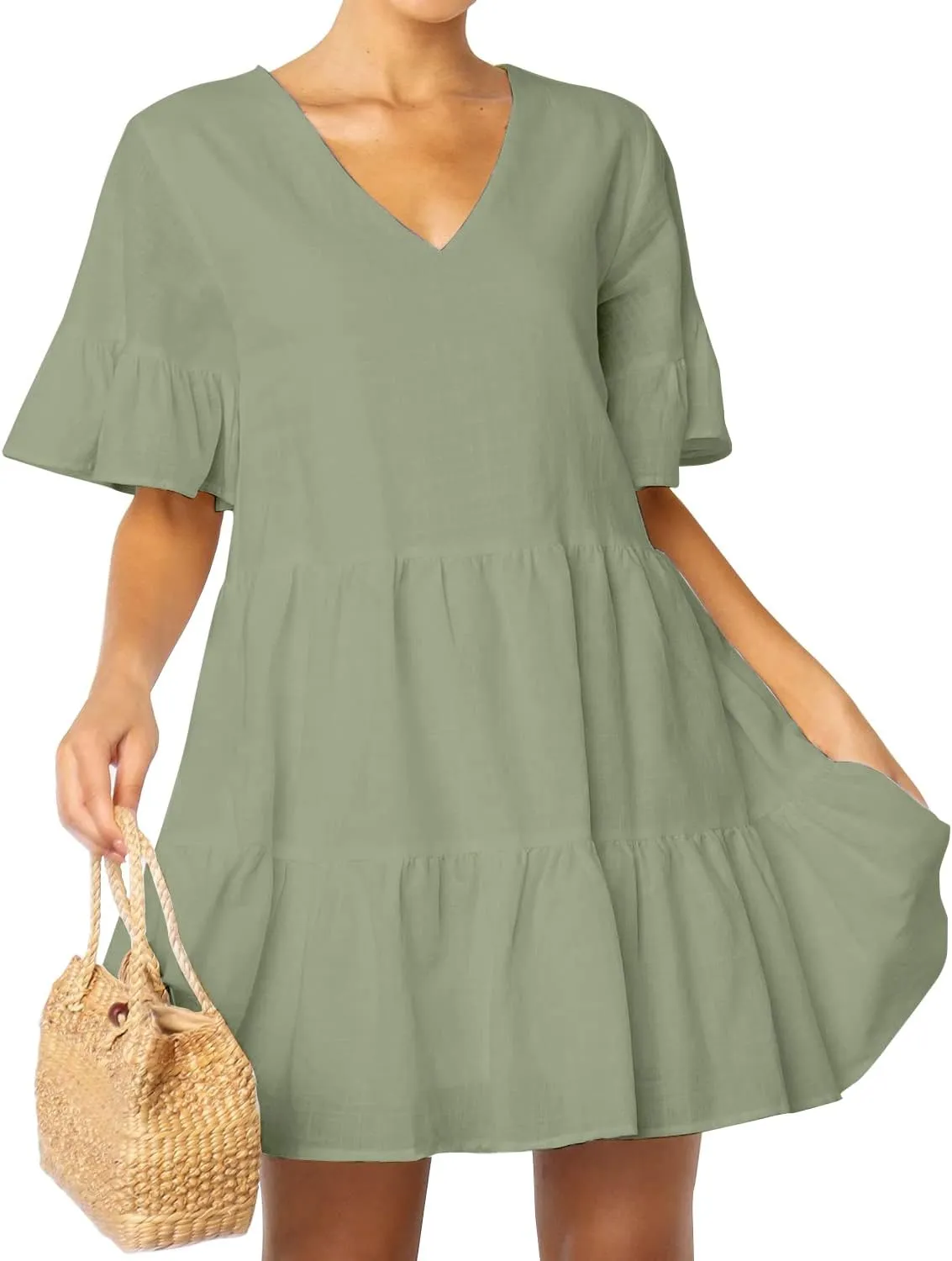 FANCYINN Womens V Neck Cute Shift Dress with Pockets Bell Sleeve Ruffle Hem Loose Swing Summer Tunic Mini Dress