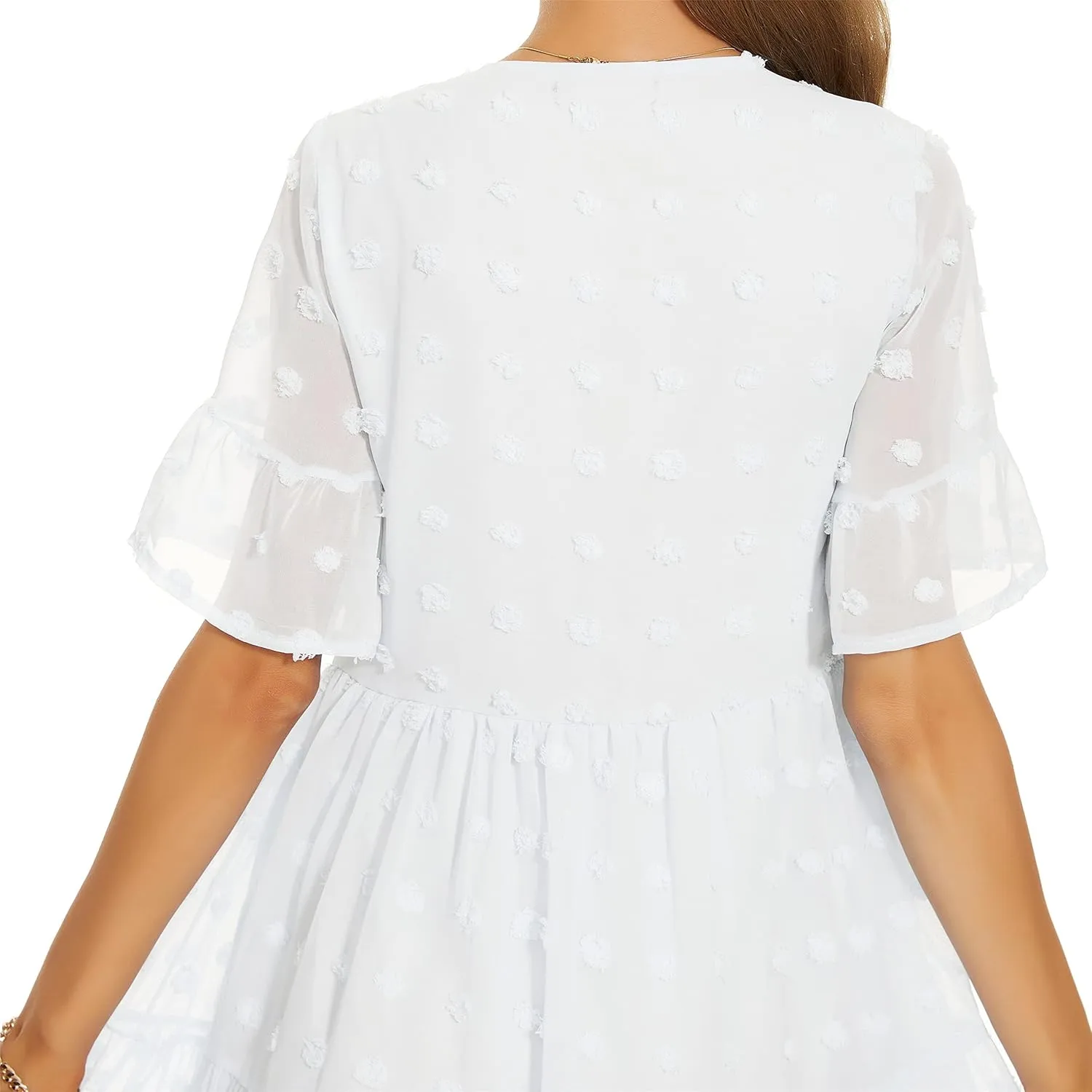 FANCYINN Womens V Neck Cute Shift Dress with Pockets Bell Sleeve Ruffle Hem Loose Swing Summer Tunic Mini Dress
