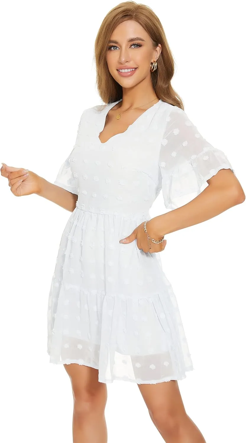 FANCYINN Womens V Neck Cute Shift Dress with Pockets Bell Sleeve Ruffle Hem Loose Swing Summer Tunic Mini Dress