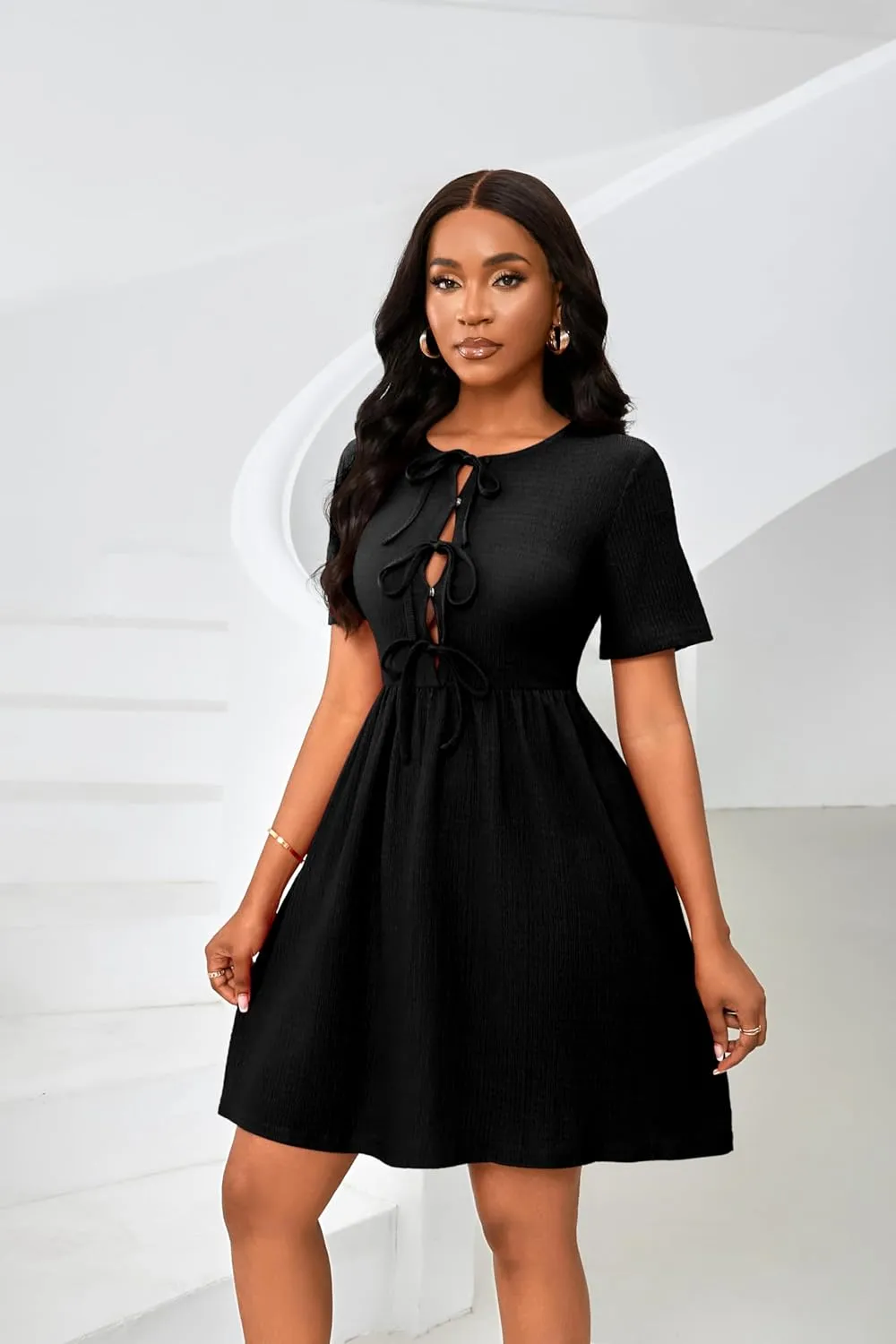 FANDEE Summer Dress for Women Short Sleeve Self Bow Tie Front A Line Pleated Cute Mini Tunic Dresses M-3XL