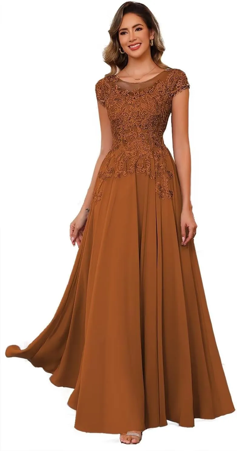 Floral Lace Mother of The Bride Dresses for Wedding Short Sleeve Illusion Formal Evening Dresses for Women AD041
