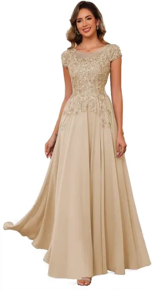Floral Lace Mother of The Bride Dresses for Wedding Short Sleeve Illusion Formal Evening Dresses for Women AD041
