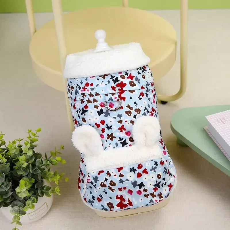 Floral Plush Dog Parka with Cute Ears