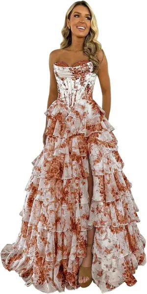 Floral Tiered Prom Dress Chiffon Strapless Prom Dresses Long Corset Ruffle Formal Evening Gowns with Slit