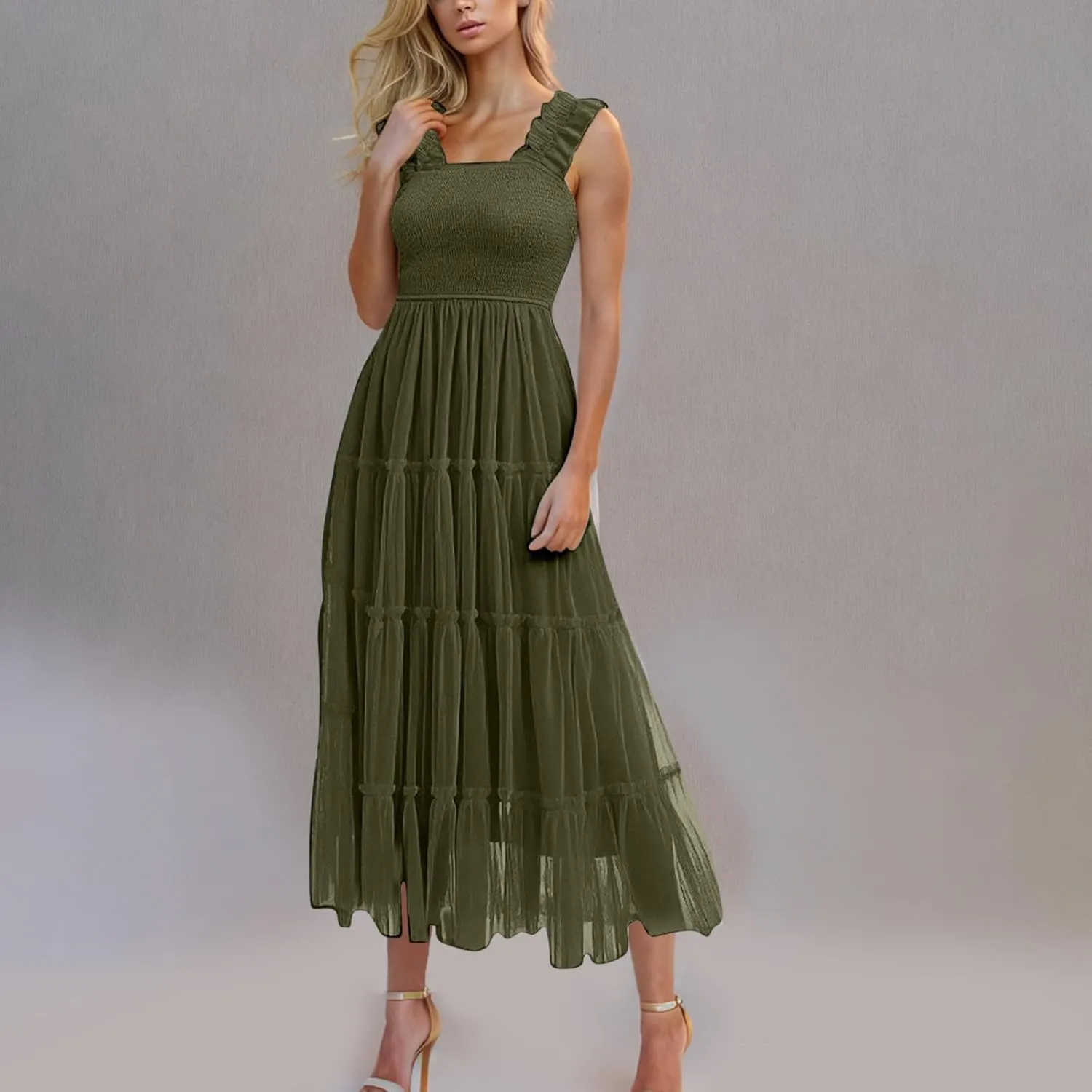 Flowy Dresses for Women Trendy Summer Midi Beach Dress Sleeveless Smocked Square Neck Party Wedding Guest Sundress