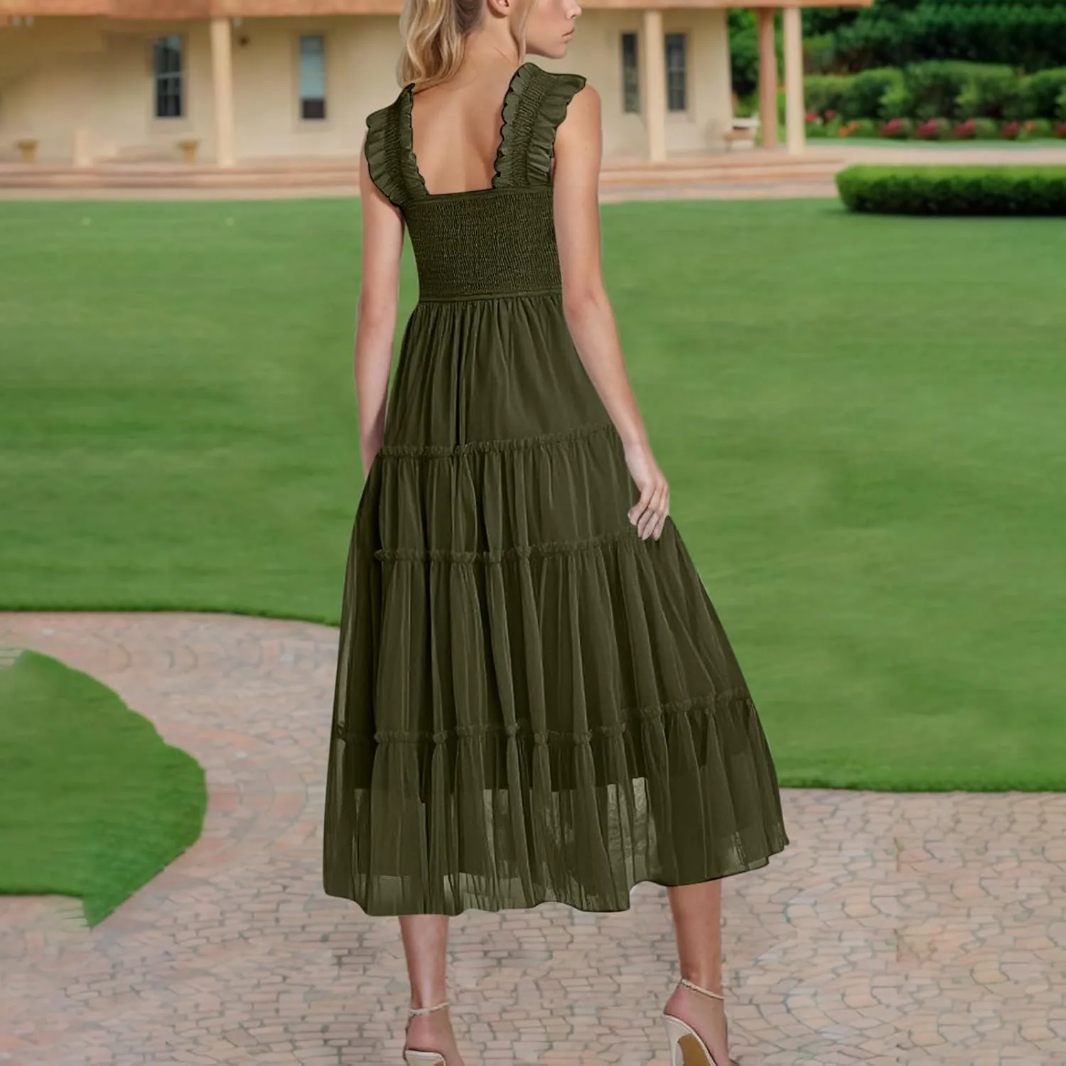 Flowy Dresses for Women Trendy Summer Midi Beach Dress Sleeveless Smocked Square Neck Party Wedding Guest Sundress