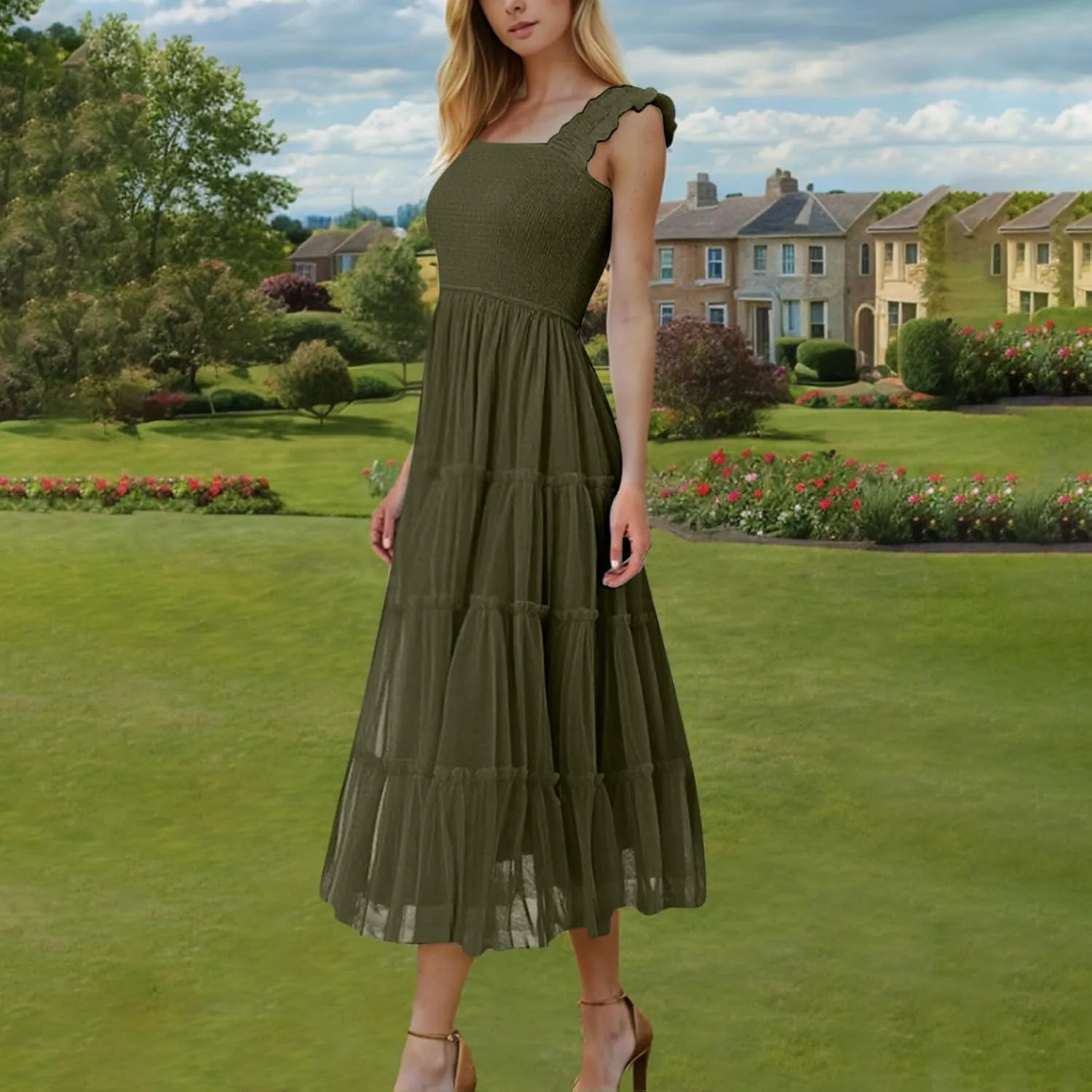 Flowy Dresses for Women Trendy Summer Midi Beach Dress Sleeveless Smocked Square Neck Party Wedding Guest Sundress