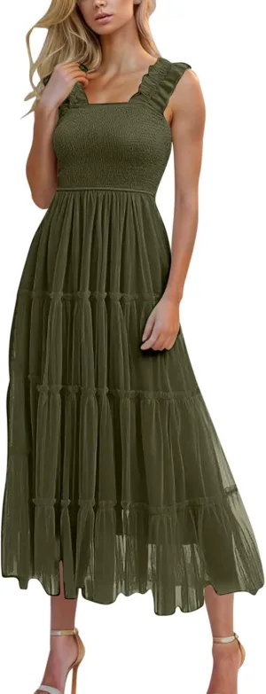 Flowy Dresses for Women Trendy Summer Midi Beach Dress Sleeveless Smocked Square Neck Party Wedding Guest Sundress