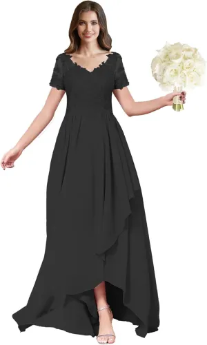 ForElise High Low Chiffon Bridesmaid Dresses Lace Appliques V-Neck Ruffle A-Line Evening Cocktail Party Gown