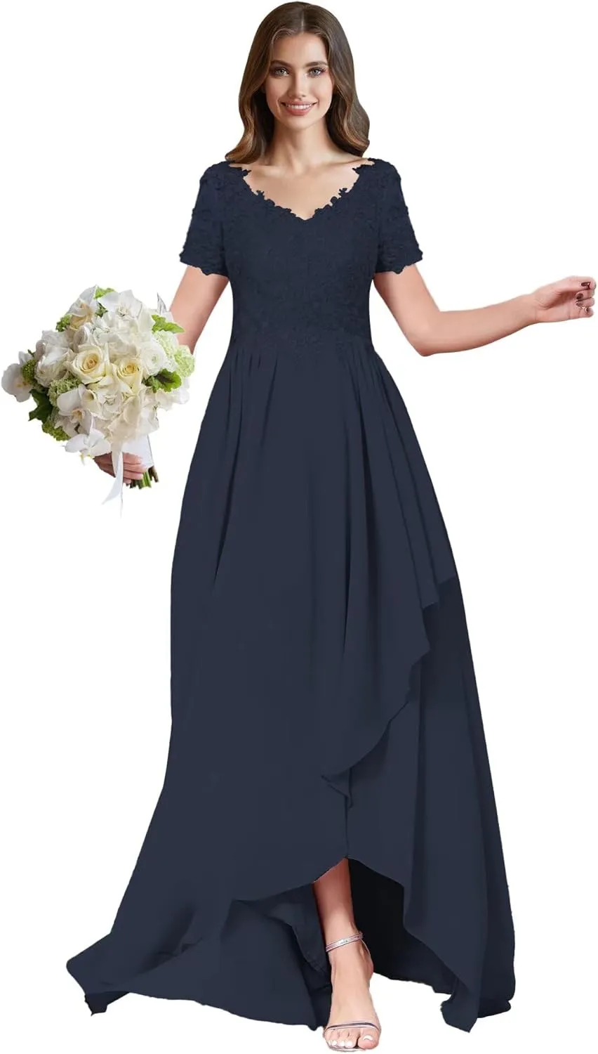 ForElise High Low Chiffon Bridesmaid Dresses Lace Appliques V-Neck Ruffle A-Line Evening Cocktail Party Gown