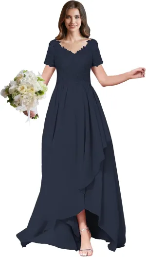 ForElise High Low Chiffon Bridesmaid Dresses Lace Appliques V-Neck Ruffle A-Line Evening Cocktail Party Gown