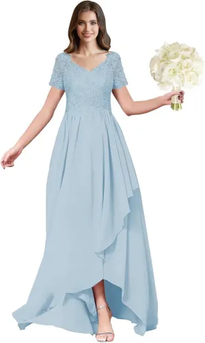 ForElise High Low Chiffon Bridesmaid Dresses Lace Appliques V-Neck Ruffle A-Line Evening Cocktail Party Gown