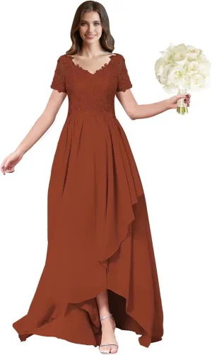 ForElise High Low Chiffon Bridesmaid Dresses Lace Appliques V-Neck Ruffle A-Line Evening Cocktail Party Gown