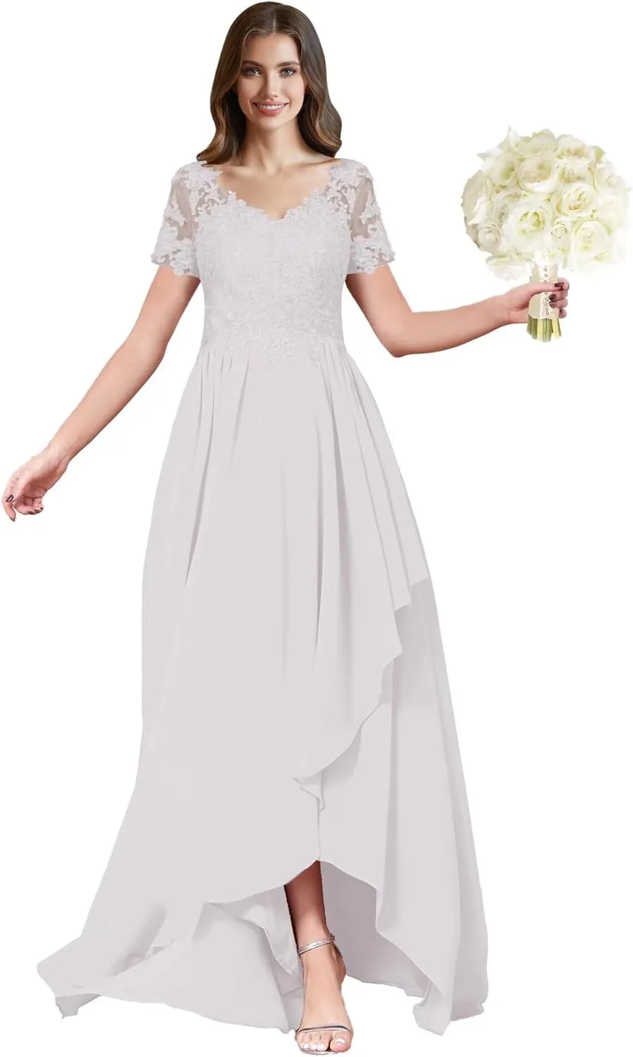 ForElise High Low Chiffon Bridesmaid Dresses Lace Appliques V-Neck Ruffle A-Line Evening Cocktail Party Gown