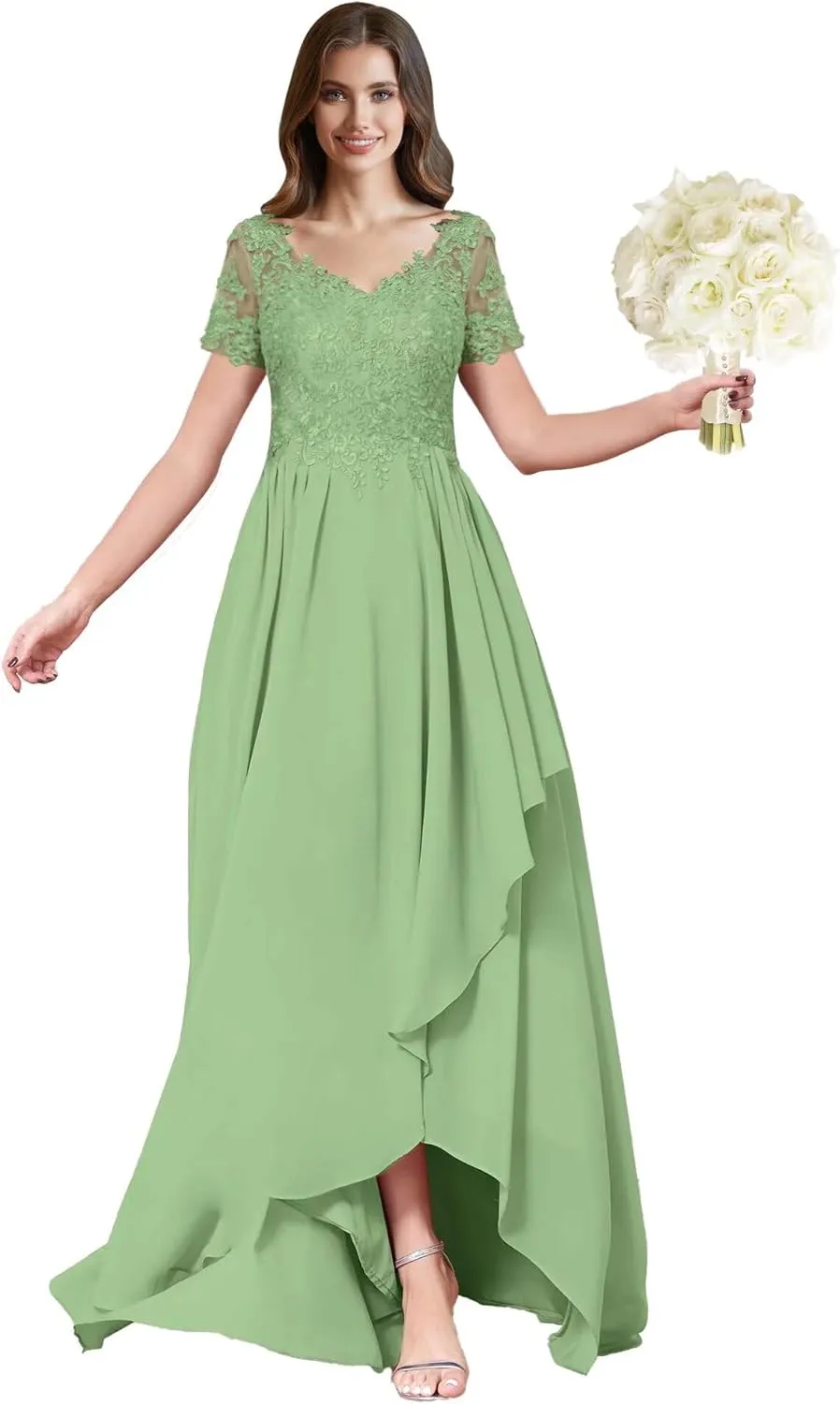 ForElise High Low Chiffon Bridesmaid Dresses Lace Appliques V-Neck Ruffle A-Line Evening Cocktail Party Gown