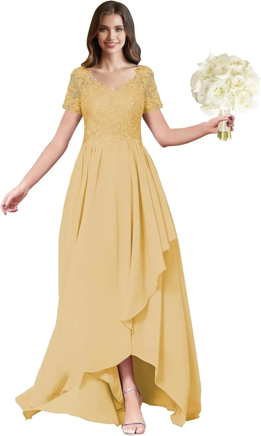 ForElise High Low Chiffon Bridesmaid Dresses Lace Appliques V-Neck Ruffle A-Line Evening Cocktail Party Gown