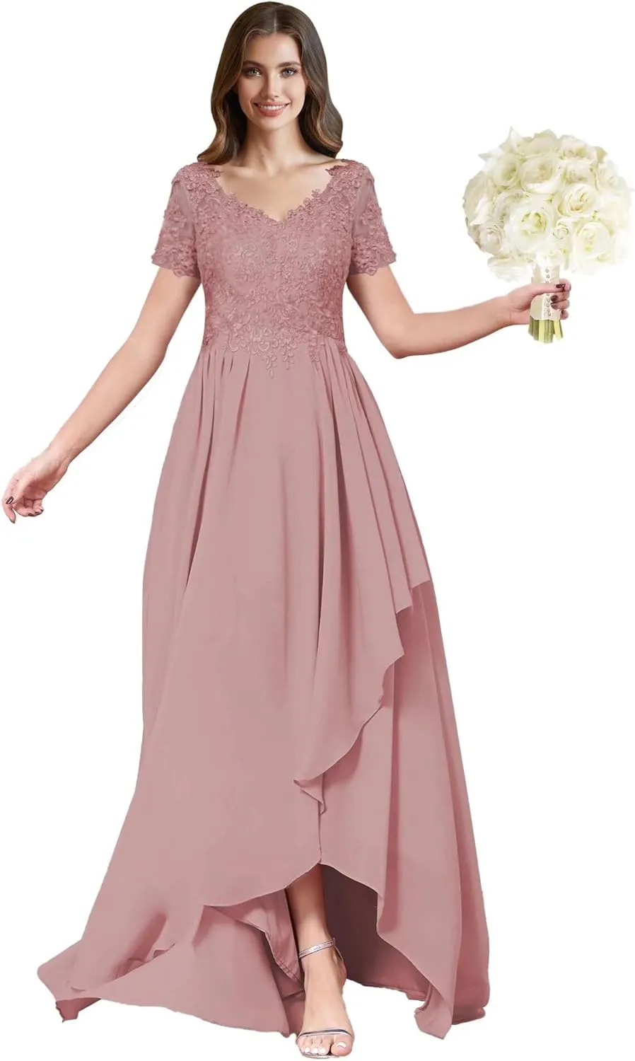 ForElise High Low Chiffon Bridesmaid Dresses Lace Appliques V-Neck Ruffle A-Line Evening Cocktail Party Gown