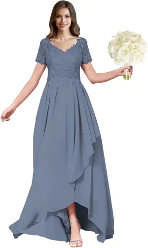 ForElise High Low Chiffon Bridesmaid Dresses Lace Appliques V-Neck Ruffle A-Line Evening Cocktail Party Gown