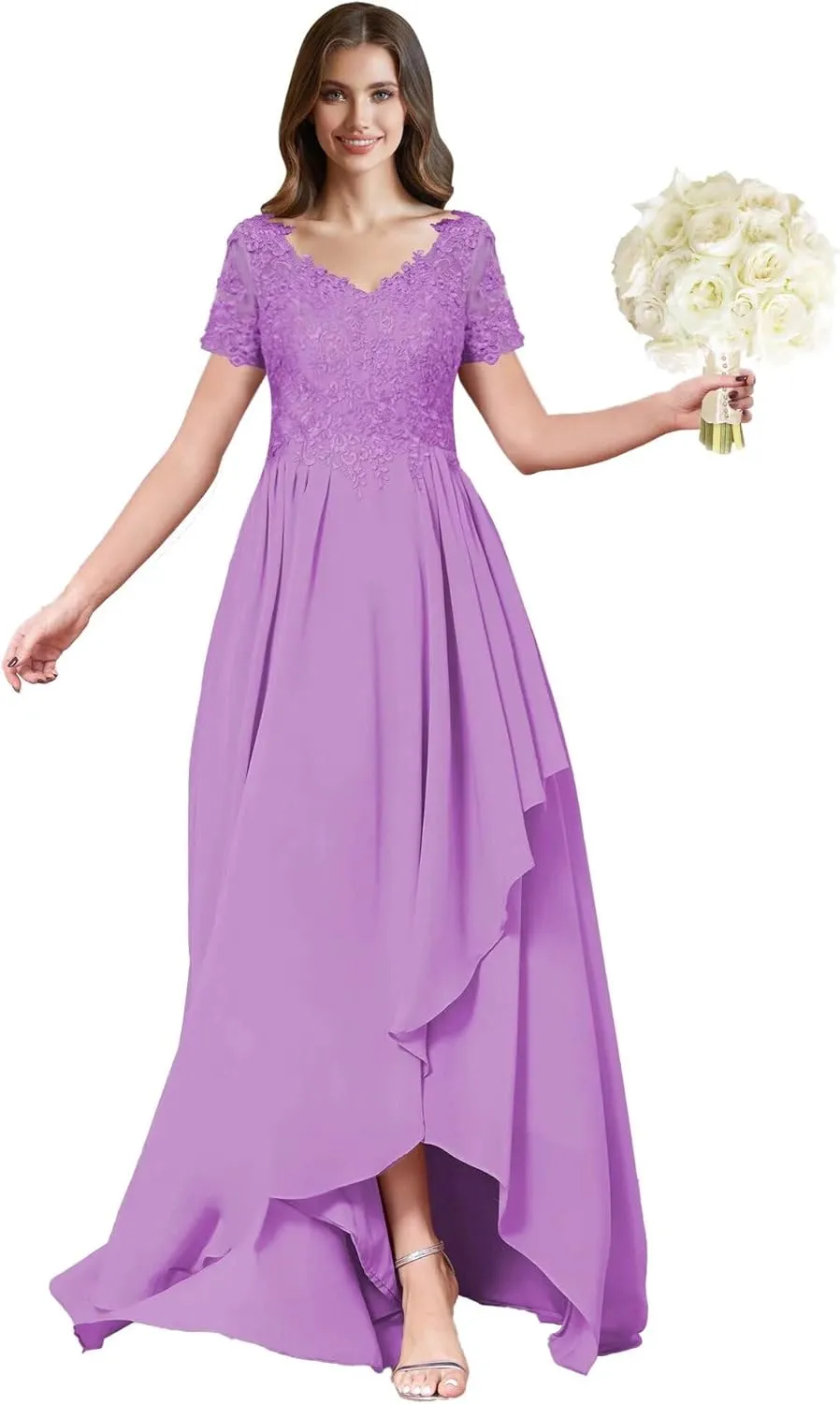 ForElise High Low Chiffon Bridesmaid Dresses Lace Appliques V-Neck Ruffle A-Line Evening Cocktail Party Gown