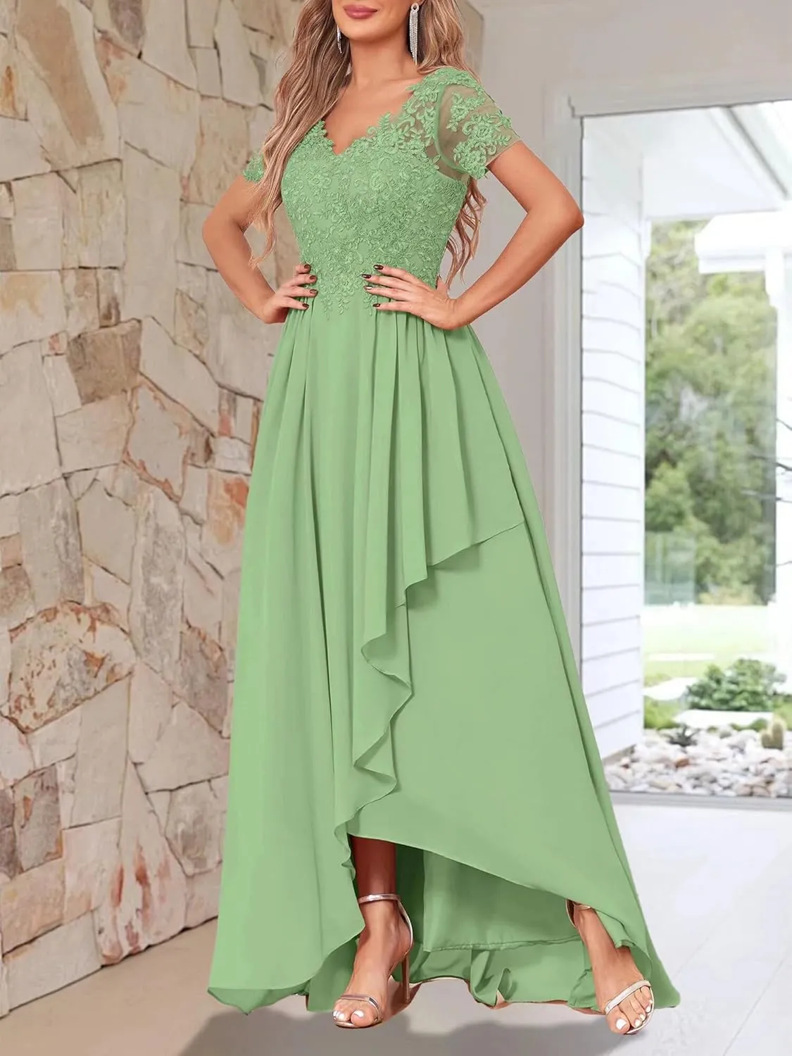 ForElise High Low Chiffon Bridesmaid Dresses Lace Appliques V-Neck Ruffle A-Line Evening Cocktail Party Gown