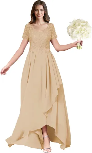 ForElise High Low Chiffon Bridesmaid Dresses Lace Appliques V-Neck Ruffle A-Line Evening Cocktail Party Gown