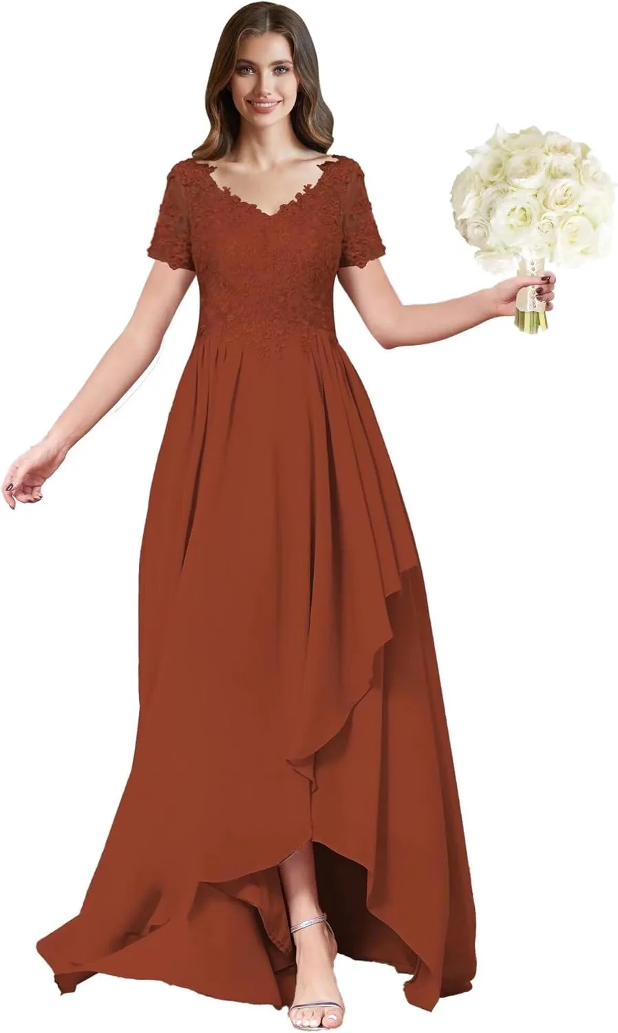 ForElise High Low Chiffon Bridesmaid Dresses Lace Appliques V-Neck Ruffle A-Line Evening Cocktail Party Gown