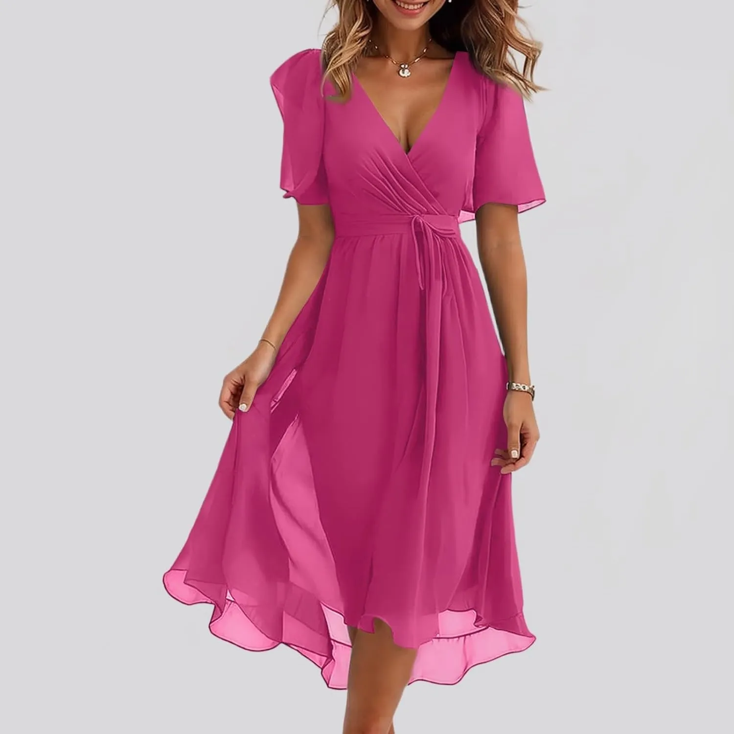 Formal Dresses for Women,Wrap Flowy Wedding Womens Midi Dress Chiffon Summer Sexy Dresses for Women Prom Cocktail